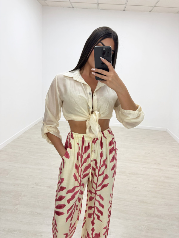 PANTALÓN FLUIDO HOJAS ROSA